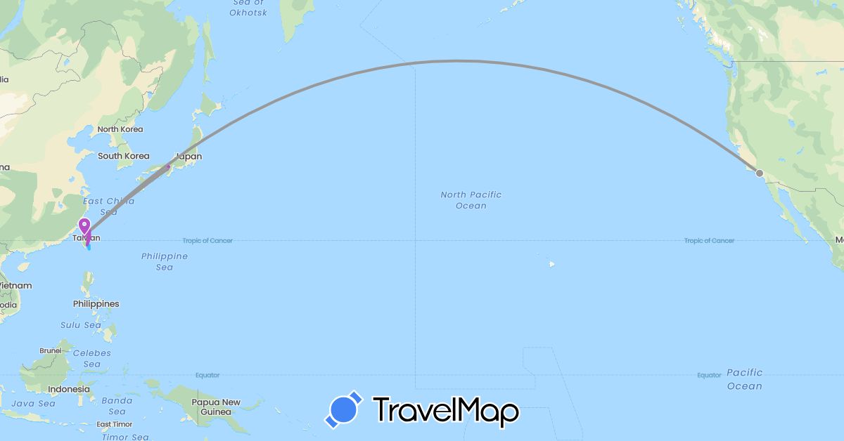 TravelMap itinerary: plane, train, boat in Japan, Taiwan, United States (Asia, North America)